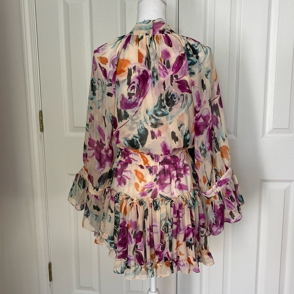 Misa- Multicolored Large Floral Longsleeve Mini Ruffle Dress with Neck Tie - Picture 9 of 10